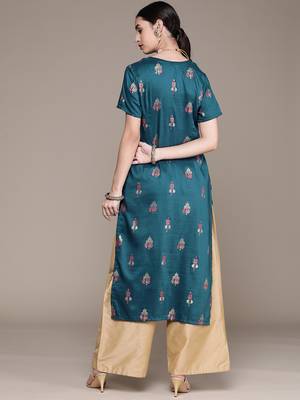 Teal printed art silk kurtas-and-kurtis 3