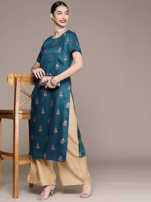 Teal printed art silk kurtas-and-kurtis 5
