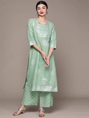 Green printed rayon kurta sets 1
