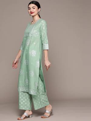 Green printed rayon kurta sets 2