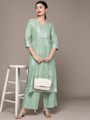 Green printed rayon kurta sets 5