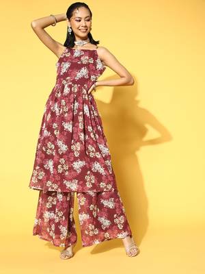 Red printed georgette kurta sets 1