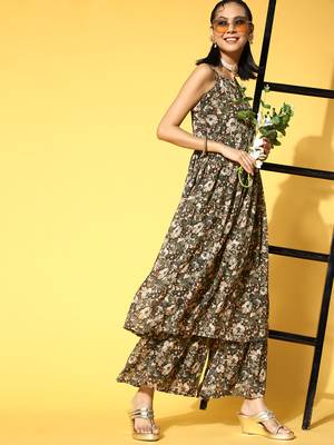 Olive printed georgette kurta sets 5