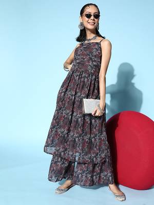 Grey printed georgette kurta sets 5