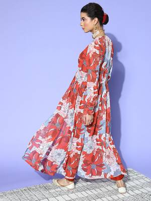 Red printed georgette kurta sets 3