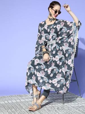 Grey printed georgette kurta sets 5