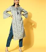 Grey printed art silk kurta sets