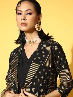 Black printed art silk kurta sets 4