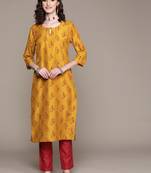 Mustard printed art silk kurta sets