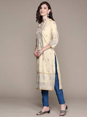 Cream printed art silk kurta sets 2