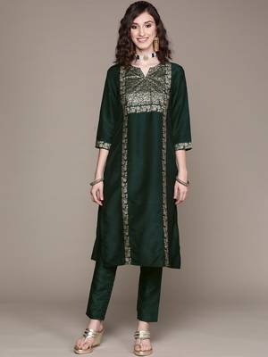 Green printed art silk kurta sets 1