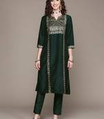 Green printed art silk kurta sets