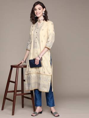 Cream printed art silk kurta sets 5