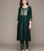 Green printed art silk kurta sets