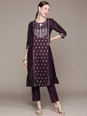 Purple printed art silk kurta sets 1