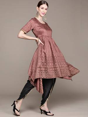 Brown printed art silk kurta sets 2