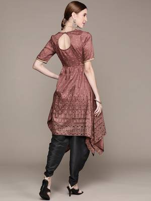 Brown printed art silk kurta sets 3
