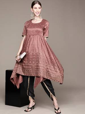 Brown printed art silk kurta sets 5