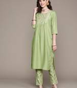 Green printed art silk kurta sets