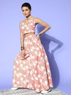 Orange printed art silk kurta sets 1