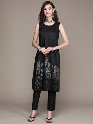 Black printed art silk kurta sets 1
