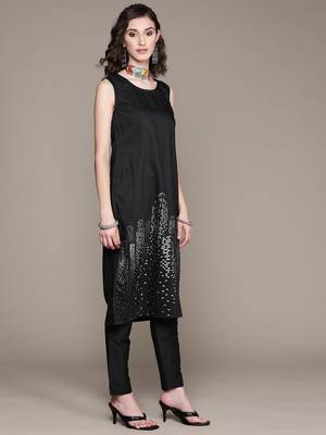 Black printed art silk kurta sets 2