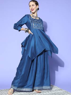 Blue printed art silk kurta sets 1