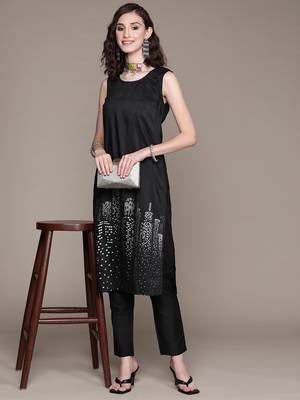 Black printed art silk kurta sets 5