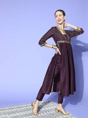 Purple printed art silk kurta sets 2