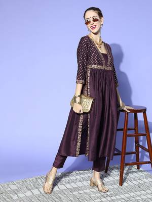 Purple printed art silk kurta sets 5
