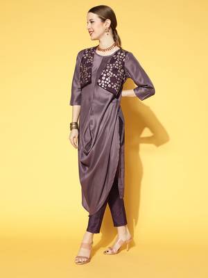 Purple plain art silk kurta sets 2