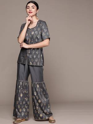 Grey printed art silk kurta sets 1