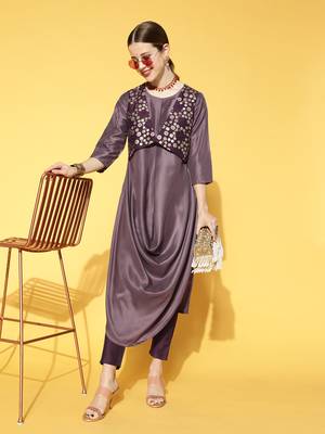 Purple plain art silk kurta sets 5