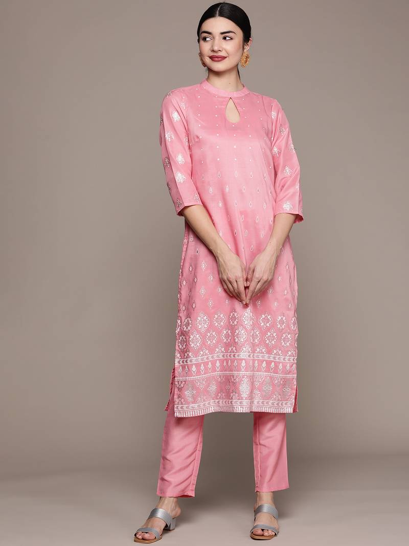 Pink printed art silk kurta sets