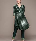 Green printed art silk kurta sets