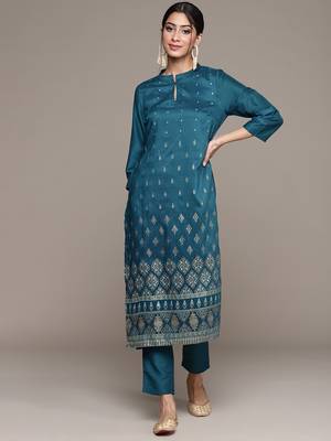 Teal printed art silk kurta sets 1
