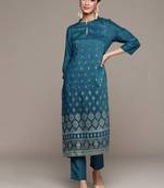 Teal printed art silk kurta sets