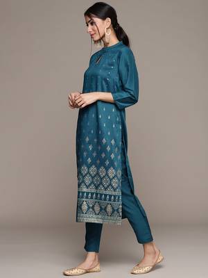 Teal printed art silk kurta sets 2