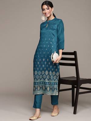 Teal printed art silk kurta sets 5