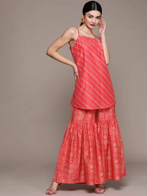 Pink printed art silk kurta sets 1