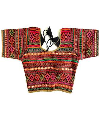 Bieth Women Floral Round Neck Gamthi Cotton Silk Embroidery Stitched Blouse(38+4Inch Margin) 1