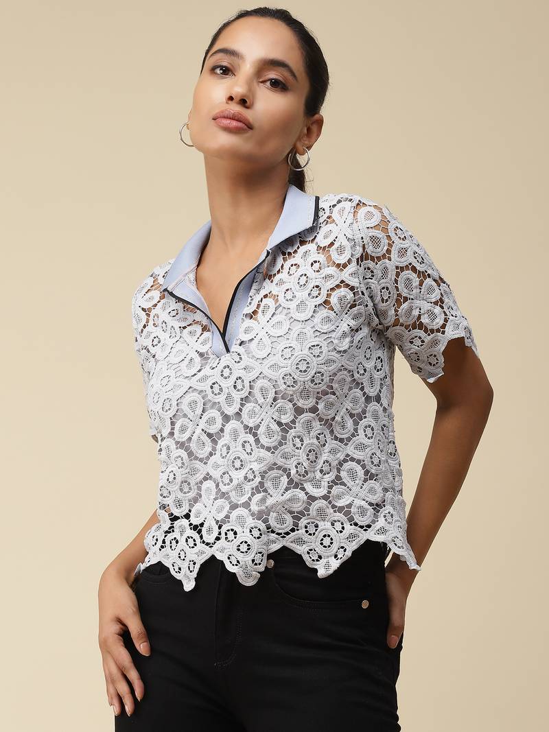 Blue Schiffli Polo T-Shirt With Camisole by LABEL