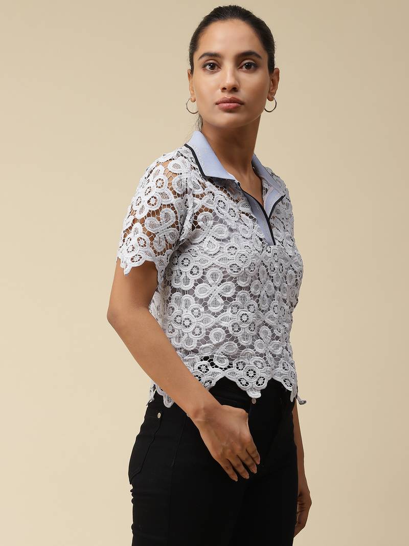 Blue Schiffli Polo T-Shirt With Camisole by LABEL