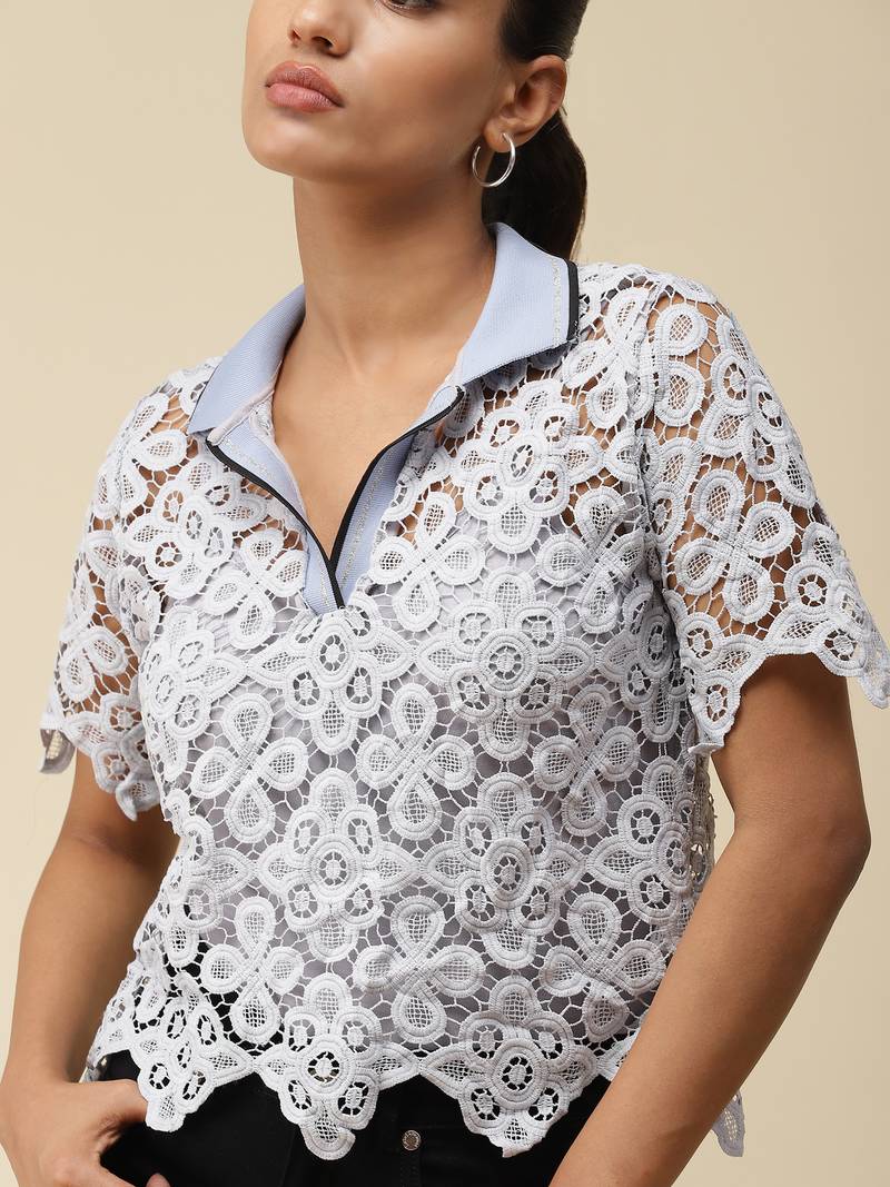 Blue Schiffli Polo T-Shirt With Camisole by LABEL