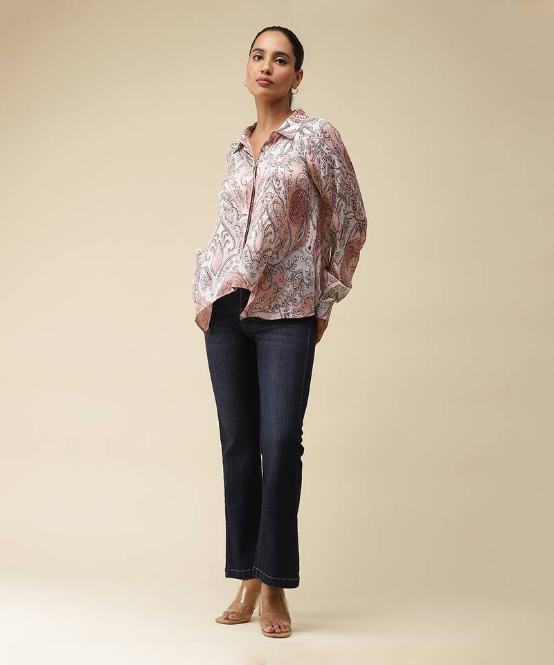 Pink Printed Asymmetric Satin Shirt