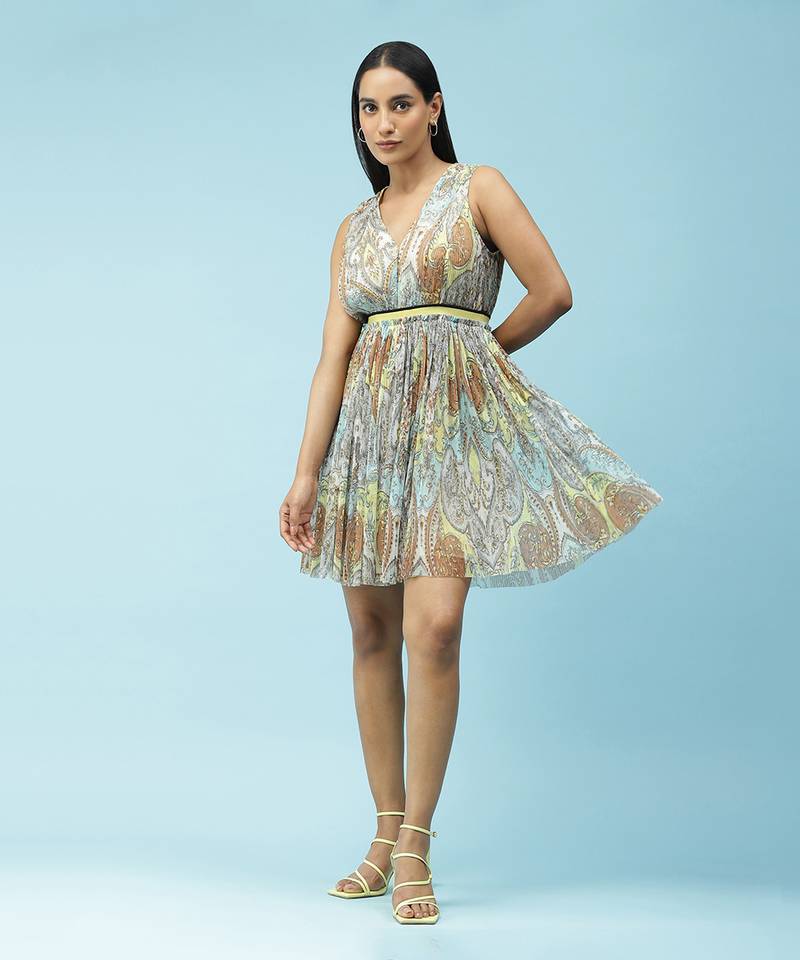 Blue & Yellow Printed Short Dress