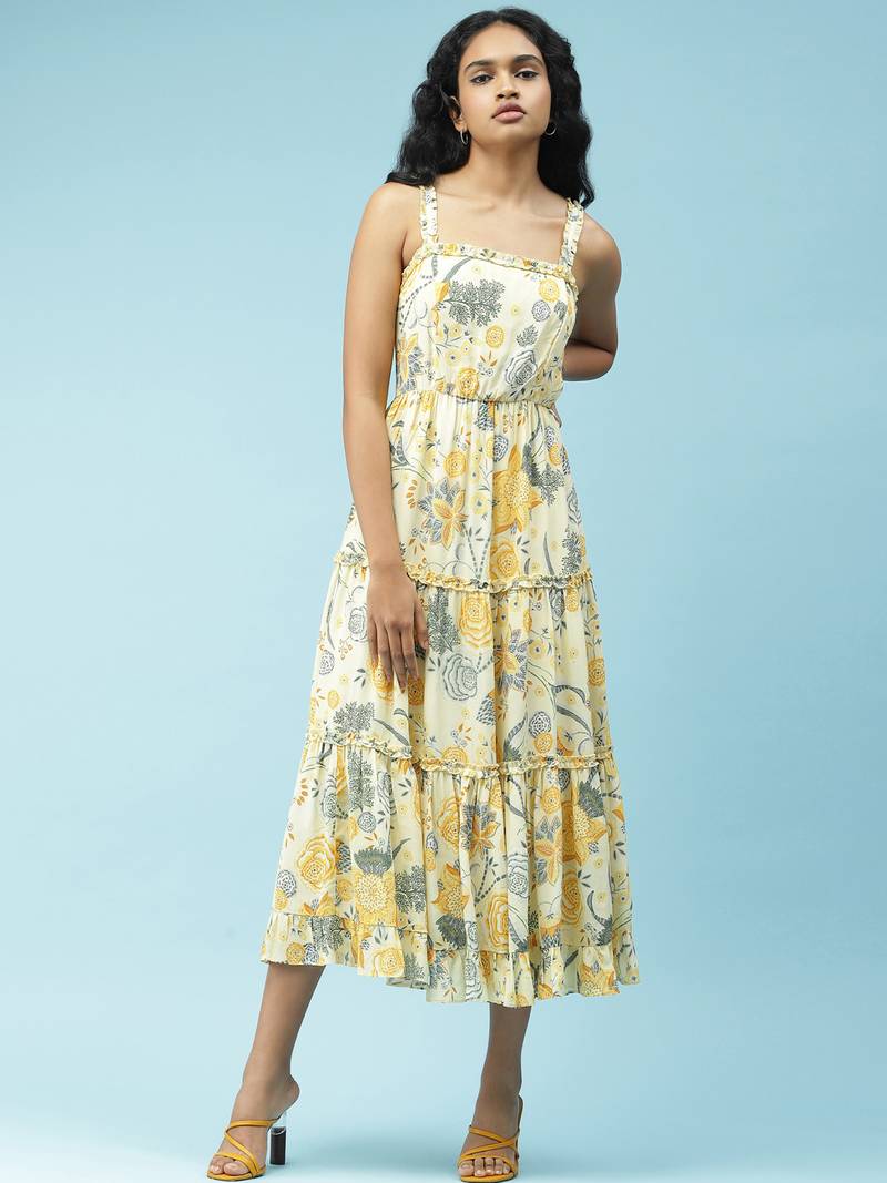 Yellow Floral Printed Maxi Dress RITU KUMAR 3928492
