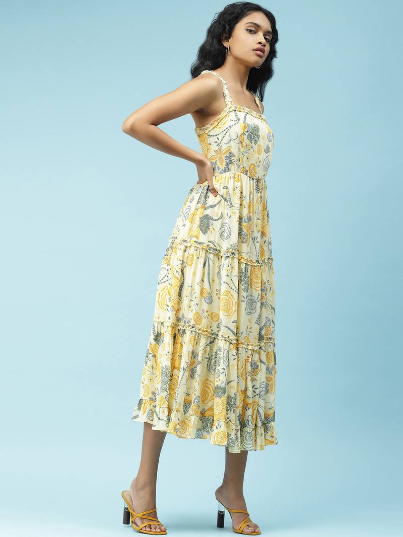 Yellow Floral Printed Maxi Dress RITU KUMAR 3928492