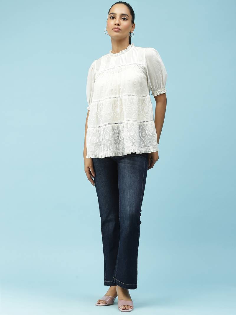 Ecru Embroidered Top With Lace Inserts