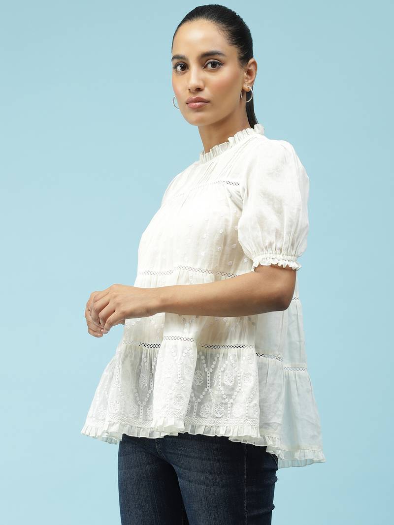 Ecru Embroidered Top With Lace Inserts